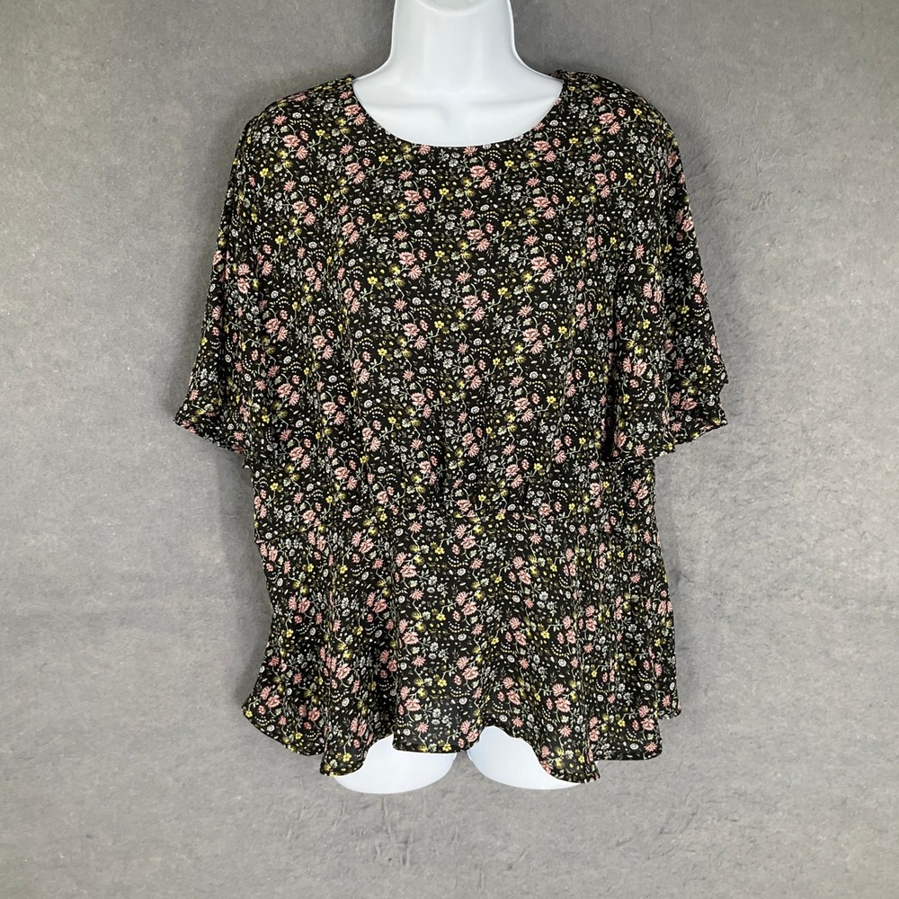 LOFT Dark Floral Print Flutter Sleeve‎ Peplum Blouse Womens Sz 12 Office Casual